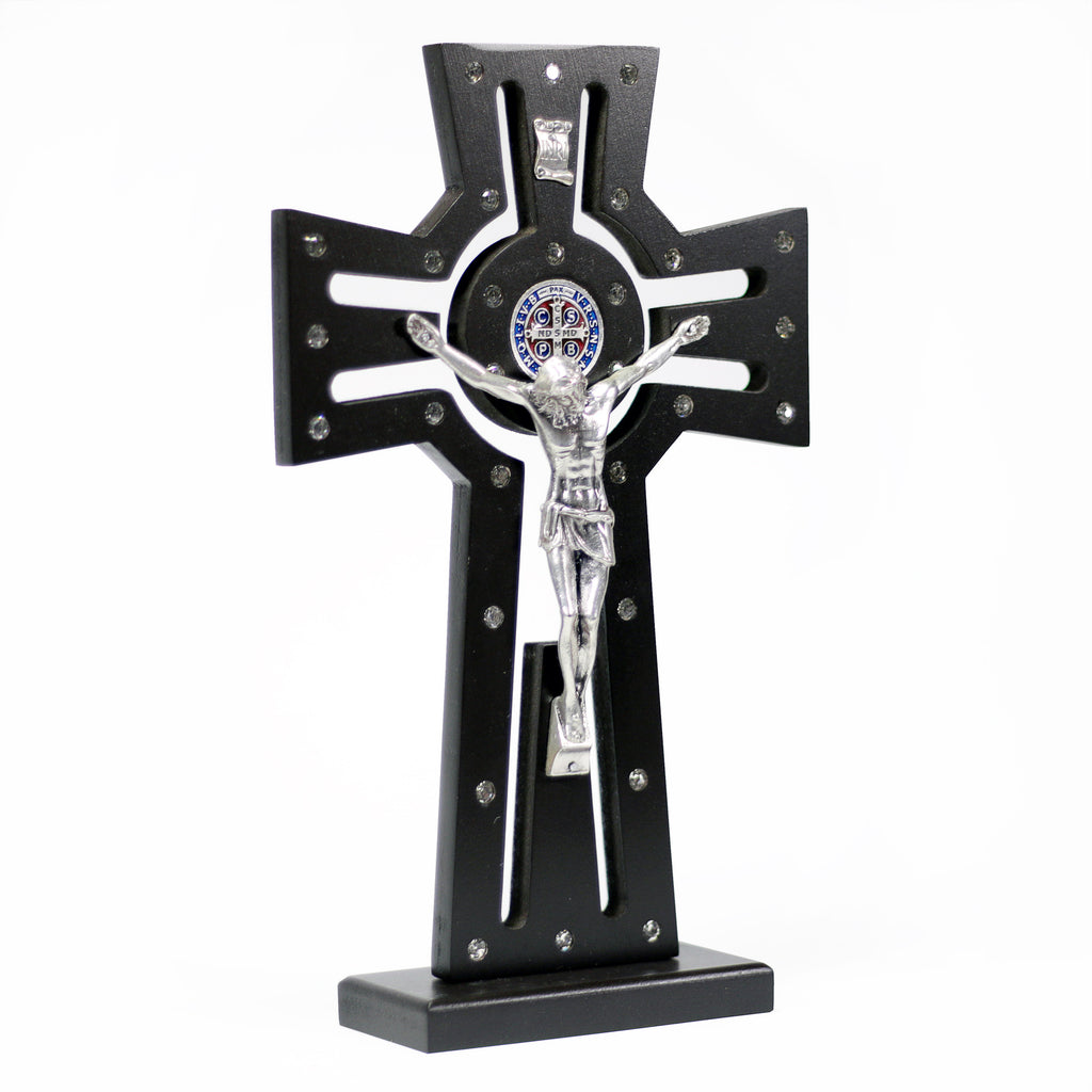 St. Benedict Cross with Stand Metal Corpse and Crystals